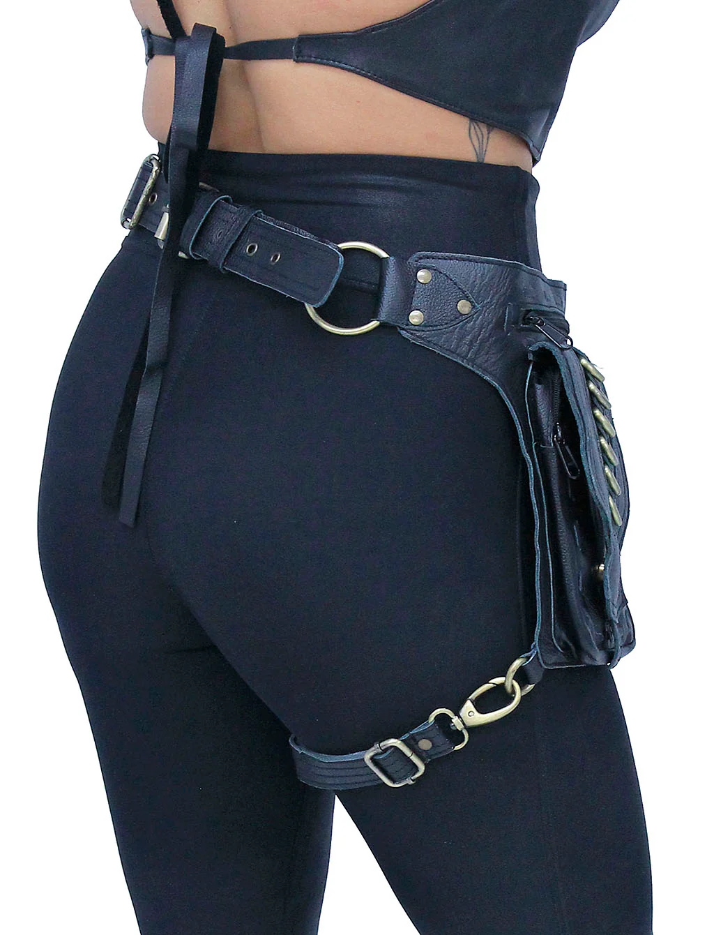 Black Heavy Leather Multi-D-Ring Thigh Bag Waistbag #TB70150DK - Image 2