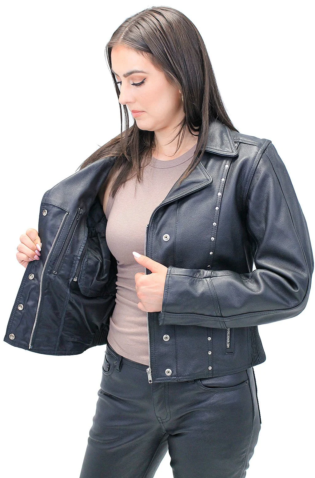 Black Rivet Trim Cowhide Motorcycle Jacket #L4042RZK (XS-4X) - Image 3