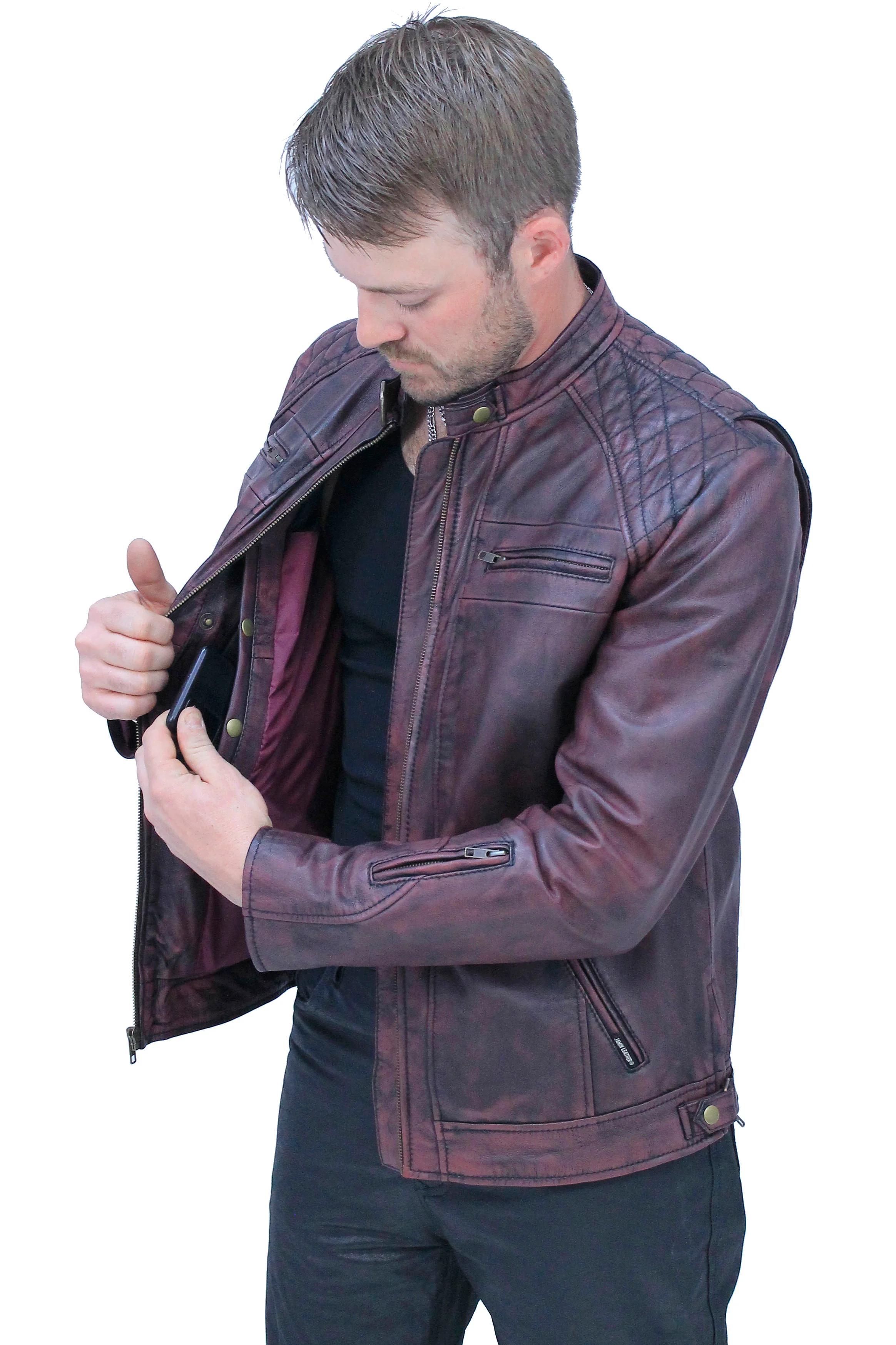 Burgundy Distressed Leather Vented Scooter Jacket CC Pockets #MA2021VQGR - Image 3