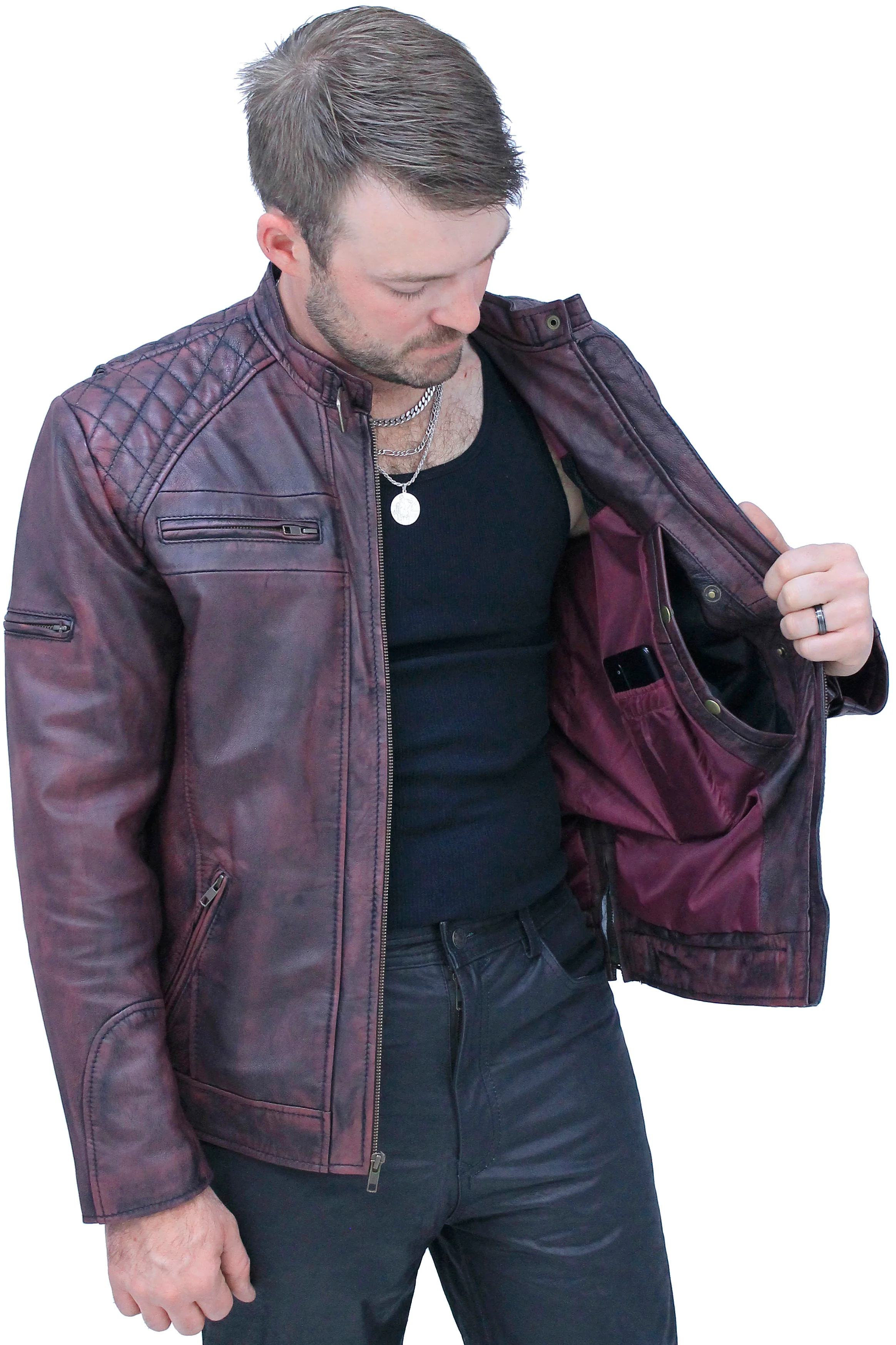 Burgundy Distressed Leather Vented Scooter Jacket CC Pockets #MA2021VQGR - Image 4