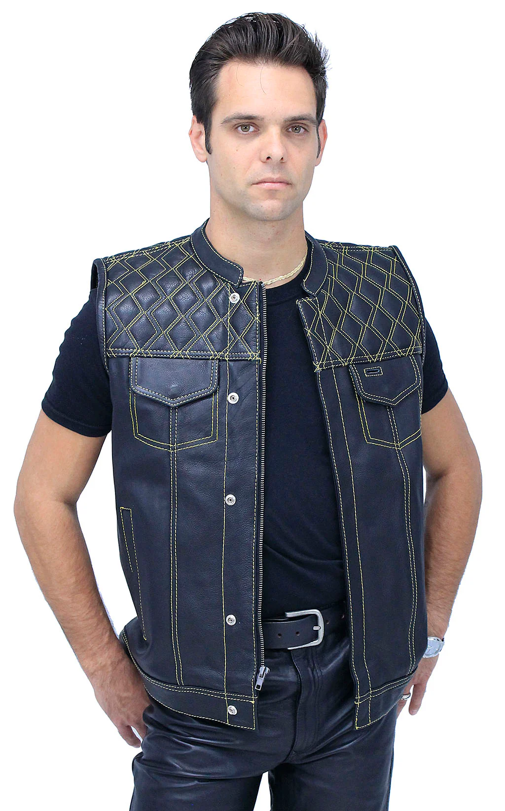 Easy Access Leather Club Vest with Yellow Stitched Quilting #VM6409Y - Image 5