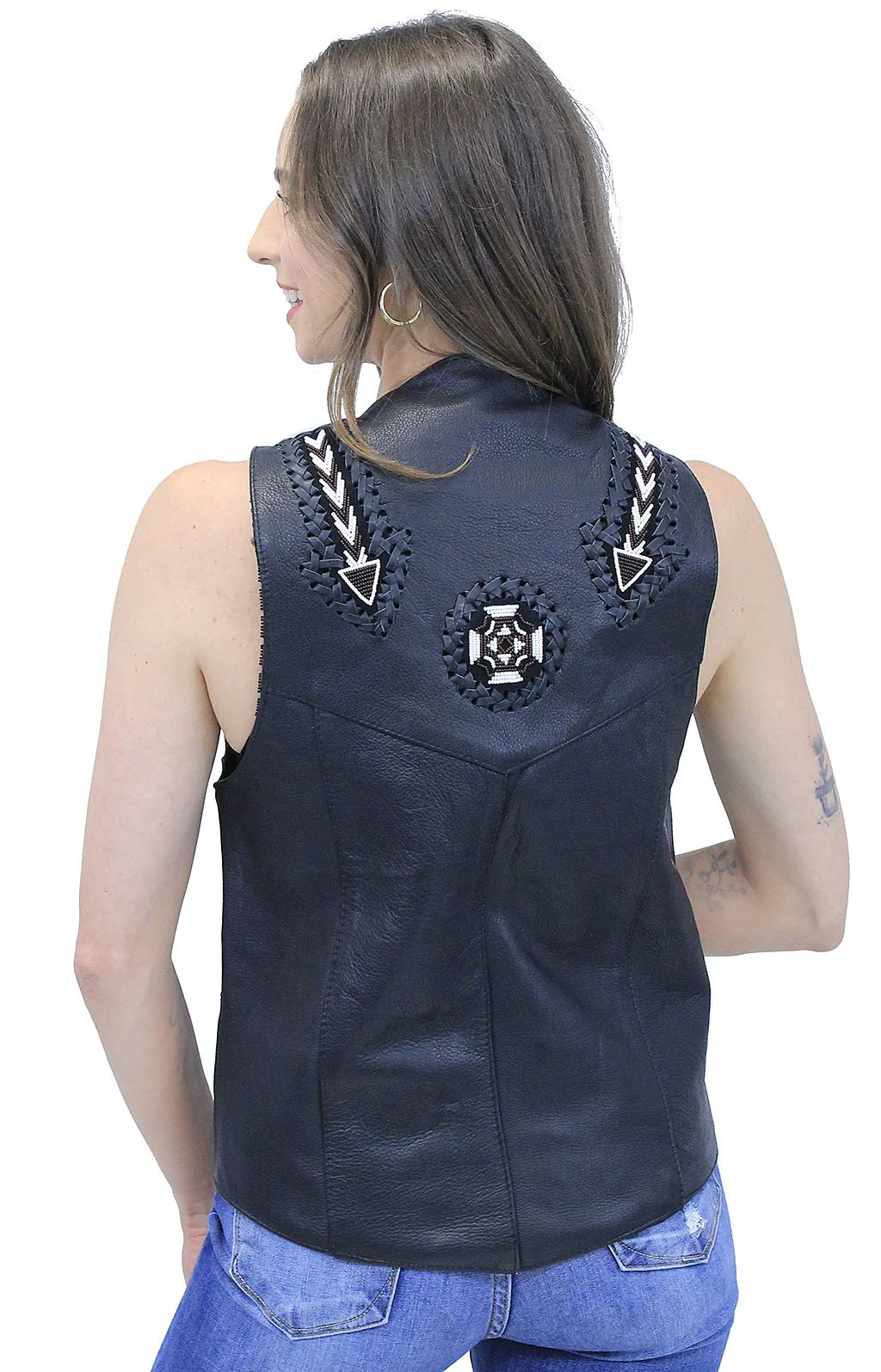Hand Lace and Indian Bead Inlay Leather Vest #VM641BDK () - Image 2