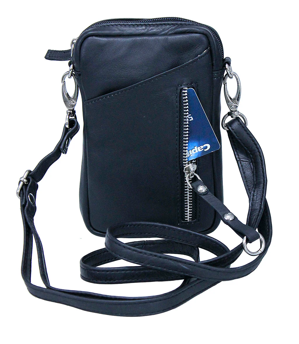 Black Leather 4 x 7 Cross Body Cell Phone Pouch #ACP27K - Image 2