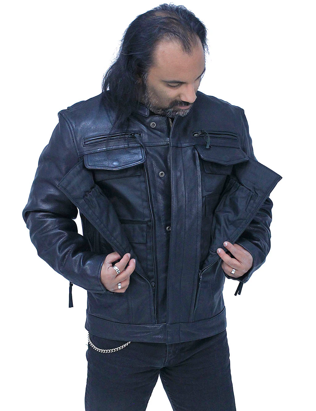 No Collar Men's Vented Concealed Pocket Motorcycle Jacket #M263GVZK - Image 2