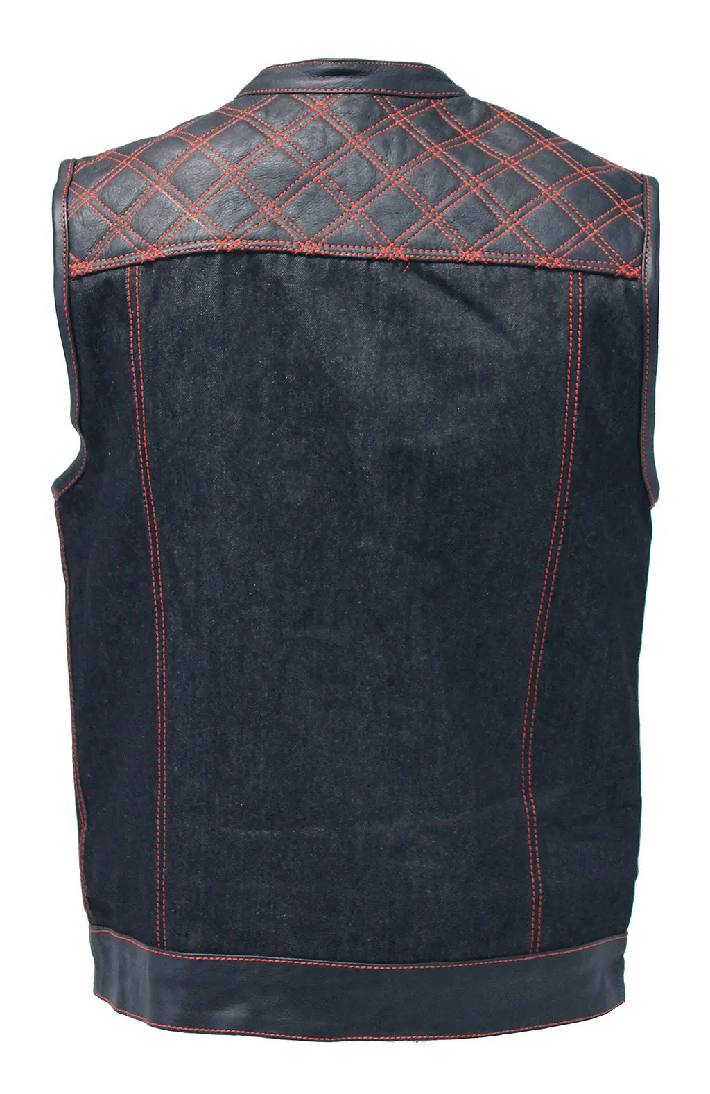Red Stitch Denim Leather Quilt Concealed Pockets Vest #VM6678DGQR - Image 2