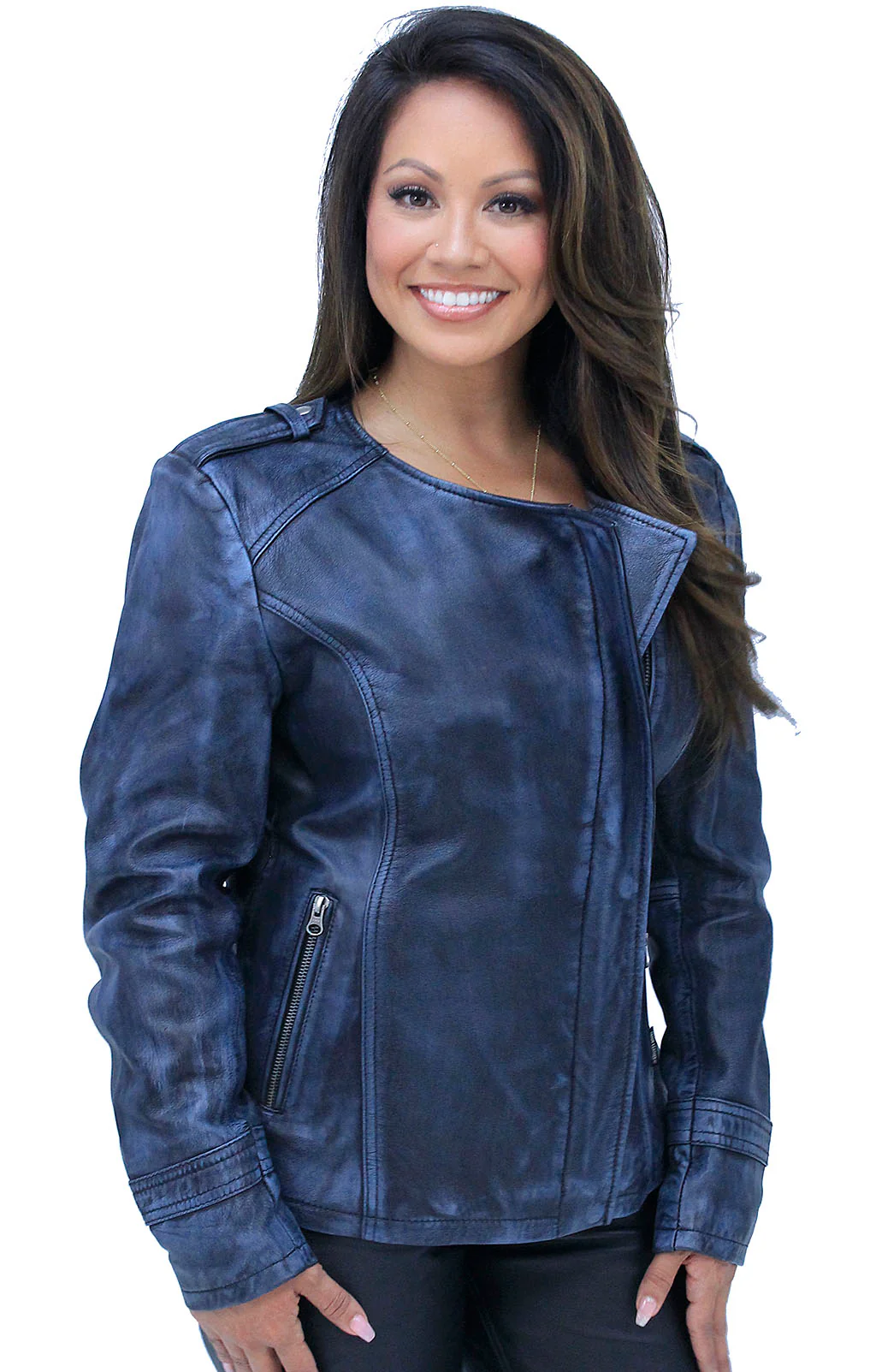 Women's Blue Beauty Leather Jacket CC Pocket #LA60624GU - Image 6