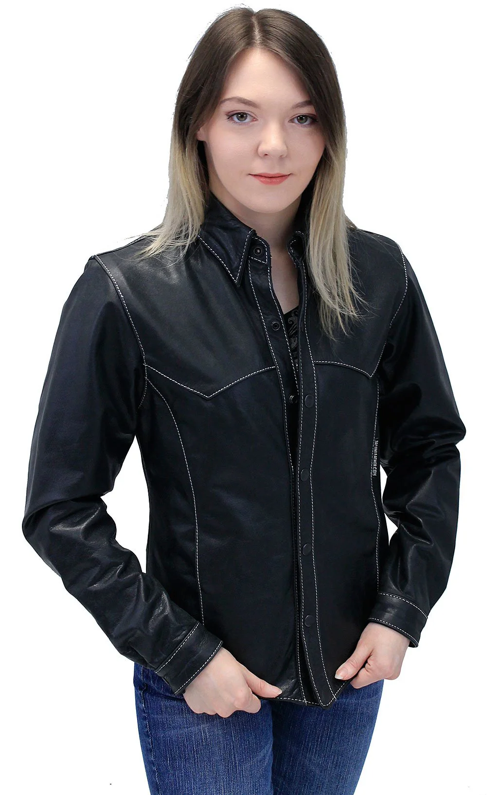 Women's Lightweight Premium Leather Shirt Jacket w/White Stitching #LS431GWK (S-M) - Image 5