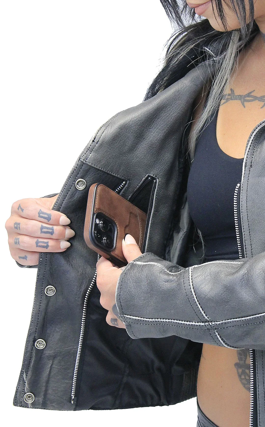Rivet Trim Vintage Leather Motorcycle Jacket for Women #LA4041ZRDN (S-XL) - Image 4