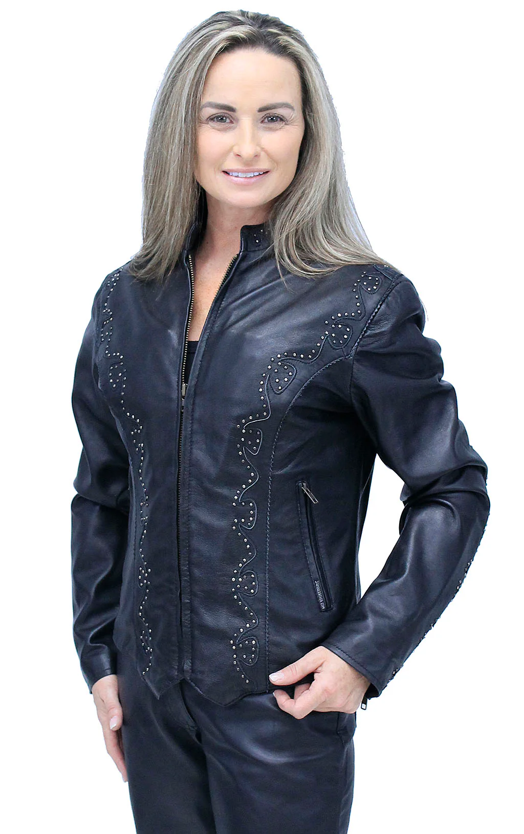 Women's Scallop and Mini Stud Trim Leather Jacket #L2302GSK - Image 3